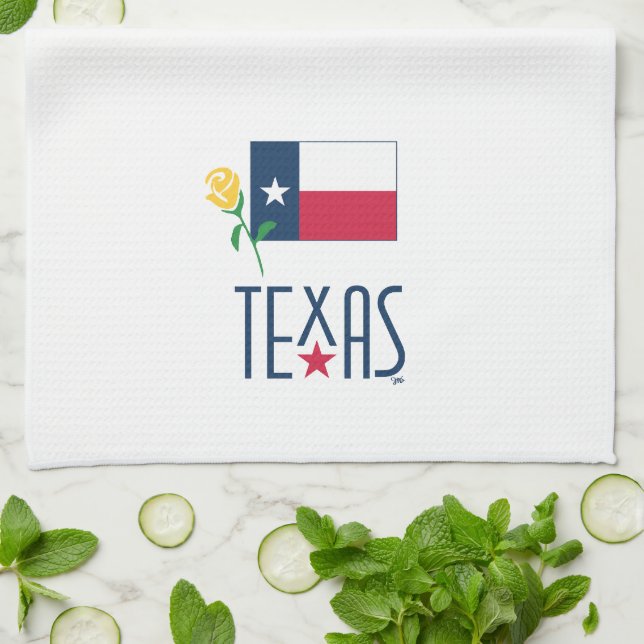 Symbols of Texas, Texas Flag and Yellow Rose Glass Tea Towel (Folded)