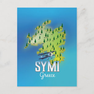Symi Island Map Greece travel poster. Postcard