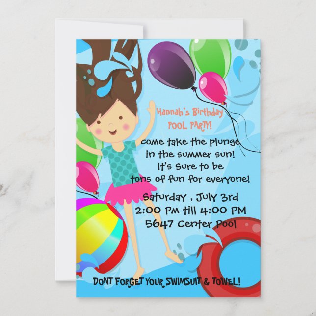Symmer Pool Birthday Party balloons fun Invitation (Front)