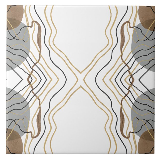 Symmetric Artsy Gold Line Art Neutral Grey Brown  Ceramic Tile (Front)