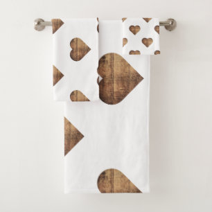 Symmetric Large Rustic Brown Wooden Hearts Bath Towel Set