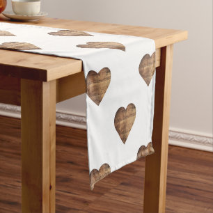 Symmetric Large Rustic Brown Wooden Hearts Short Table Runner