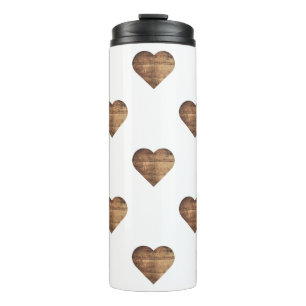 Symmetric Large Rustic Brown Wooden Hearts Thermal Tumbler