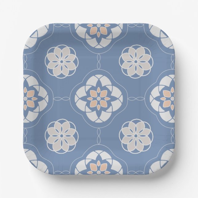 Symmetric Orange Flower Pattern on Blue Paper Plate (Front)