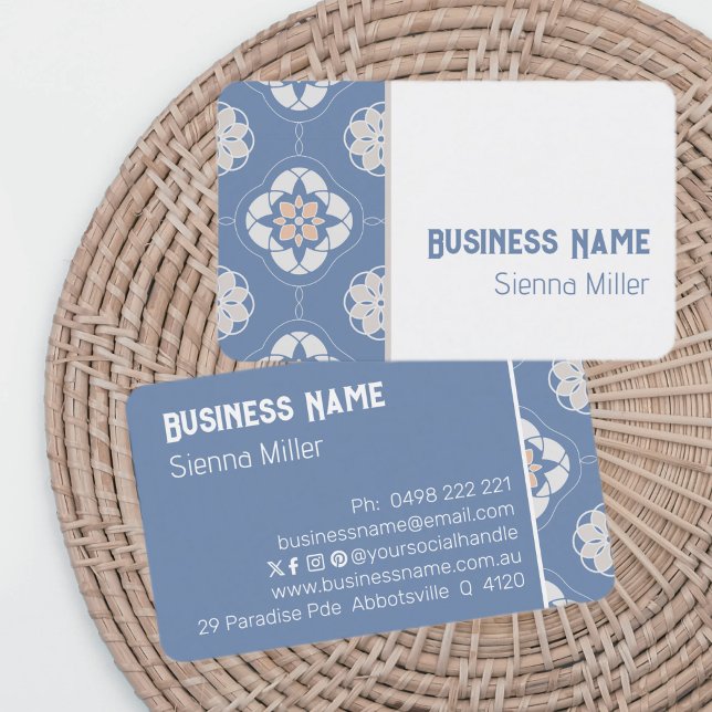Symmetric Orange Flower Pattern Panel on Blue Business Card (Creator Uploaded)