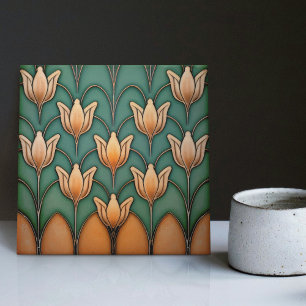 Symmetric Orange Tulips Wall Decor Art Deco Ceramic Tile