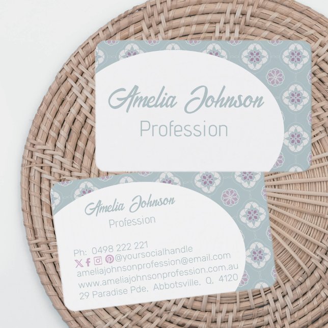 Symmetric Pink Flower Tiled Pattern Sage Reverse Business Card (Creator Uploaded)