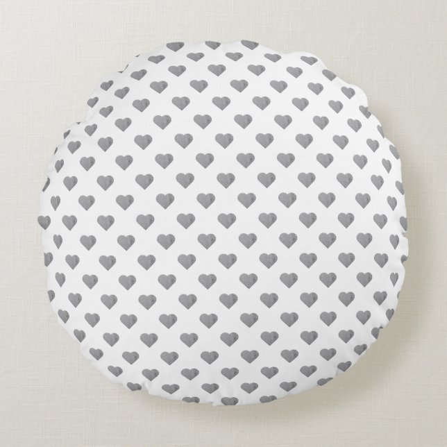 Symmetric Small Concrete Grey Hearts on White  Round Cushion (Front)