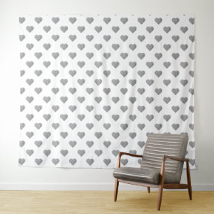 Symmetric Small Concrete Grey Hearts on White Tapestry