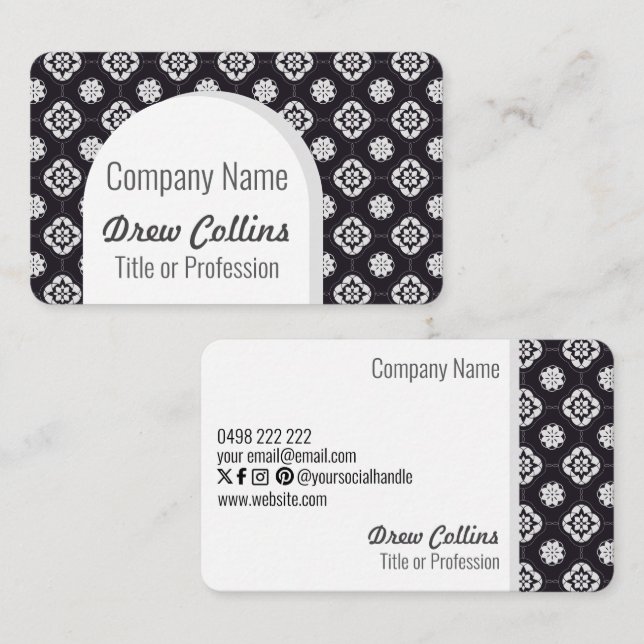 Symmetric White Flower Pattern on Black Arch Business Card (Front/Back)