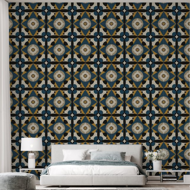 Symmetrical Abstract Art with Bold Geometric Wallpaper (Bedroom)