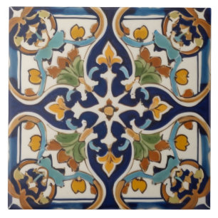 Symmetrical Abstract Cross in Navy Blue & Yellow Ceramic Tile