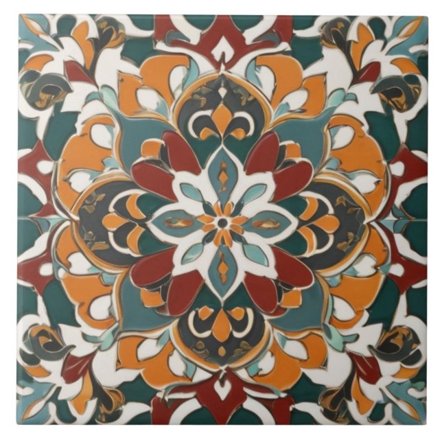 Symmetrical Abstract in Teal Yellow & Red Ceramic Tile (Front)