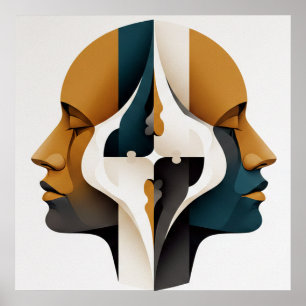 Symmetrical Abstract Portrait in Ochre and Slate Poster