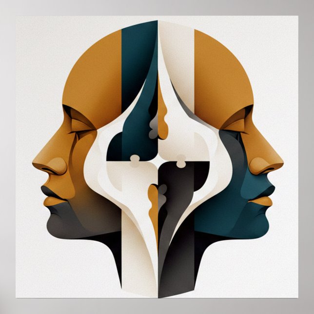 Symmetrical Abstract Portrait in Ochre and Slate Poster (Front)