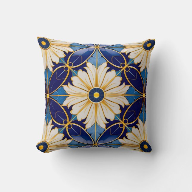 Symmetrical Art Deco Blue Gold Floral Pattern Cushion (Front)