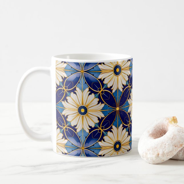 Symmetrical Art Deco Blue Gold Floral Tile Motif Coffee Mug (With Donut)