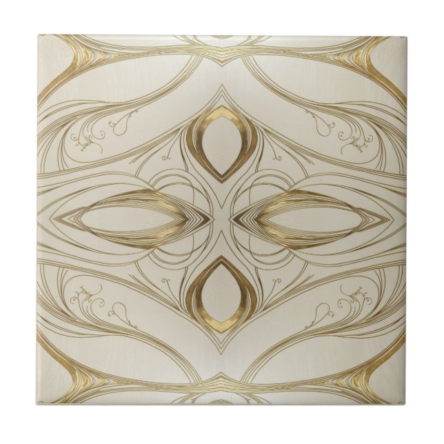 Symmetrical Art Nouveau pattern in gold and beige Ceramic Tile (Front)