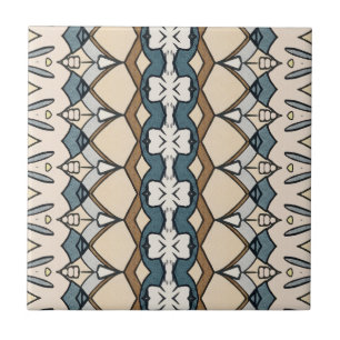 Symmetrical Beige and Blue Patterned Ceramic Tile