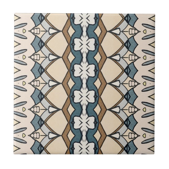 Symmetrical Beige and Blue Patterned Unique Ceramic Tile (Front)
