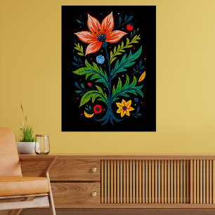 Symmetrical Dark Botanical Vibrant Folk Art Flower Poster