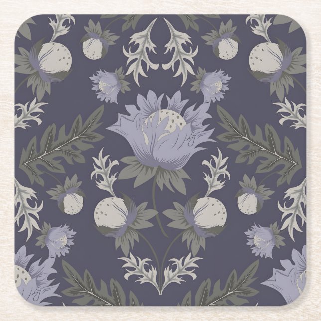 Symmetrical dark purple floral pattern square paper coaster (Front)