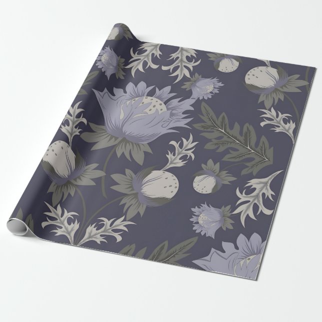 Symmetrical dark purple floral pattern wrapping paper (Unrolled)