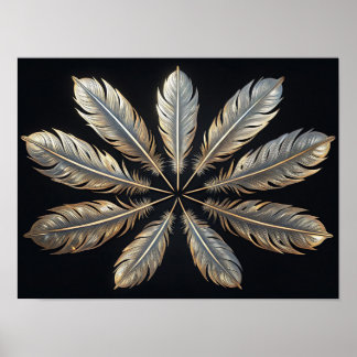 Symmetrical Feathers: Golden & Silver Elegance Poster