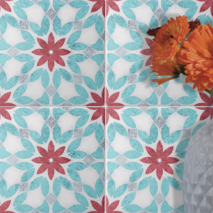 Symmetrical Floral Red Blue Grey Stone-Textured  Ceramic Tile