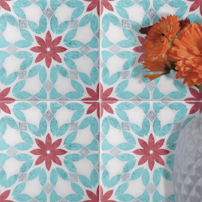 Symmetrical Floral Red Blue Grey Stone-Textured  Ceramic Tile (Creator Uploaded)