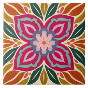 Symmetrical Folk-Art Floral Medallion Ceramic Tile