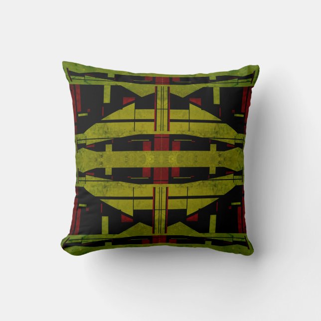 Symmetrical Olive Green Black Red Tiered Design Cushion (Front)