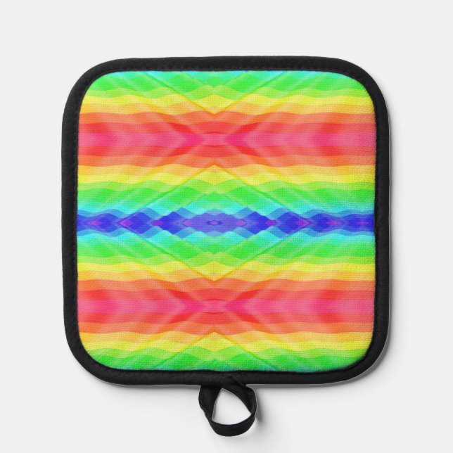 symmetrical rainbow pattern and a black border pot holder (Front)
