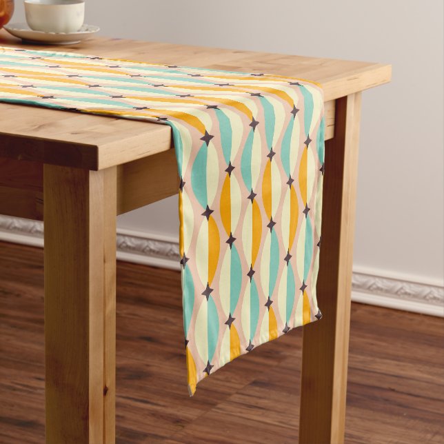 Symmetrical retro pattern with interlocking teal short table runner (In Situ)