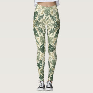 Symmetrical Sage Green Monstera Leaves Leggings