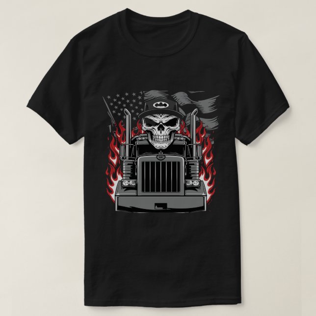Symmetrical Skull and Truck with Grayscale Flag T-Shirt (Design Front)