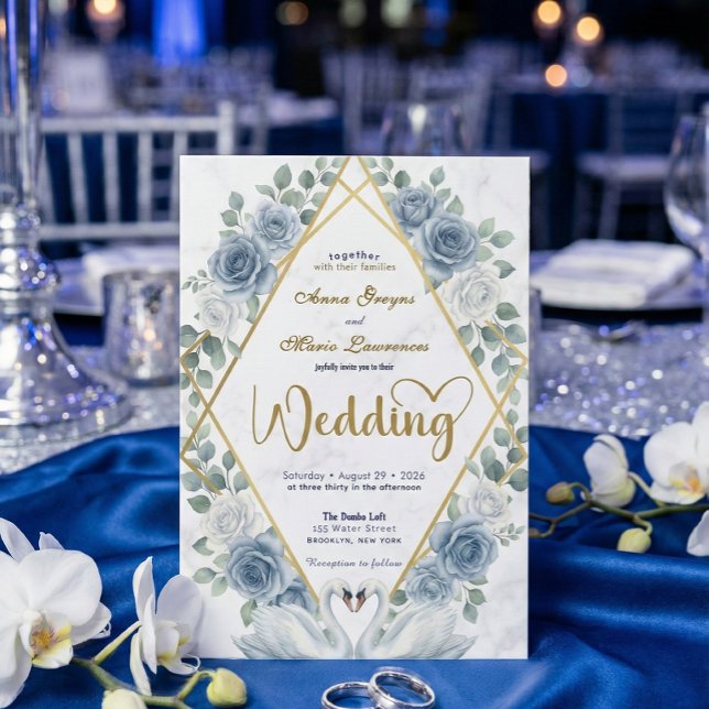 Symmetrical Swan Heart Romantic Dusty Blue Invitation (Creator Uploaded)