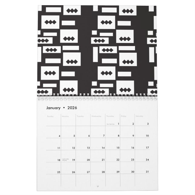 Symmetrical white geometric design with crisp, cle calendar (Jan 2026)