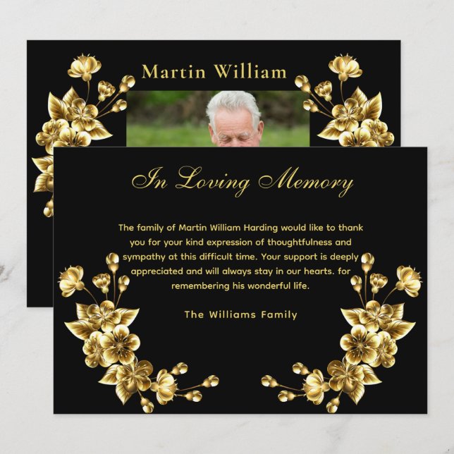 Sympathy black gold floral budget thank you photo card (Front/Back)