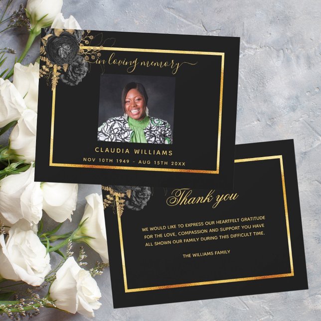 Sympathy black gold floral photo thank you card (Creator Uploaded)