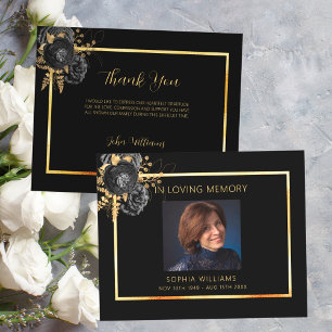 Sympathy black gold photo floral thank you card