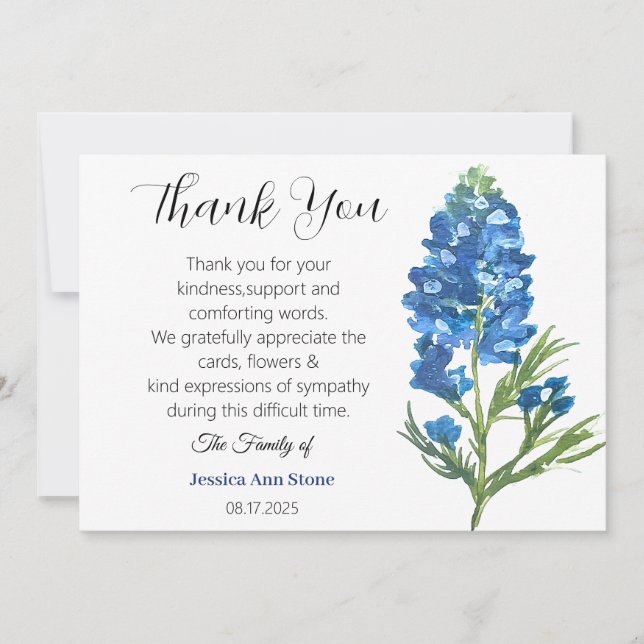 Sympathy Bluebonnets Funeral Death Thank you  Invitation (Front)