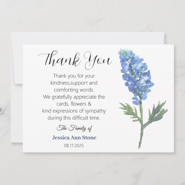 Sympathy Bluebonnets Funeral Death Thank you  Invitation (Front)