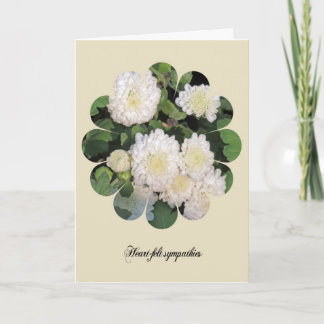 Sympathy card with white chrysanthemum flowers.