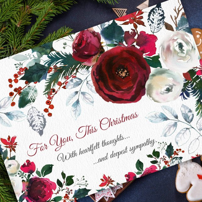 Sympathy Christmas Holiday Cards | For You (Holy, Berries and Roses Christmas Thinking of You Sympathy Card)