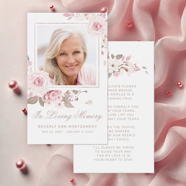 Sympathy Elegant Pink Rose Floral Photo Poem Card (Elegant Pink Rose Floral Photo Funeral Card with Poem)