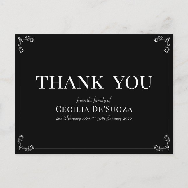 Sympathy Elegant Simple Black Funeral Thank You  Postcard (Front)