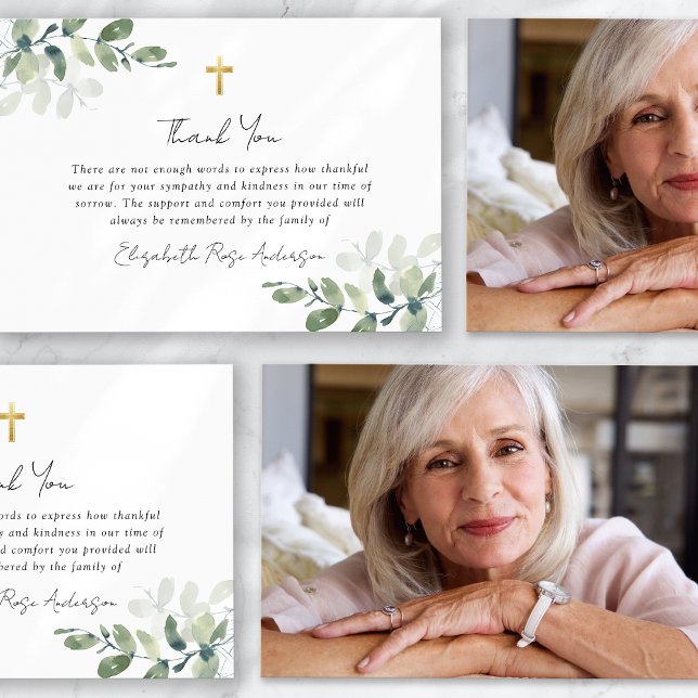 Sympathy Eucalyptus Cross Photo Funeral  Thank You Card (Creator Uploaded)