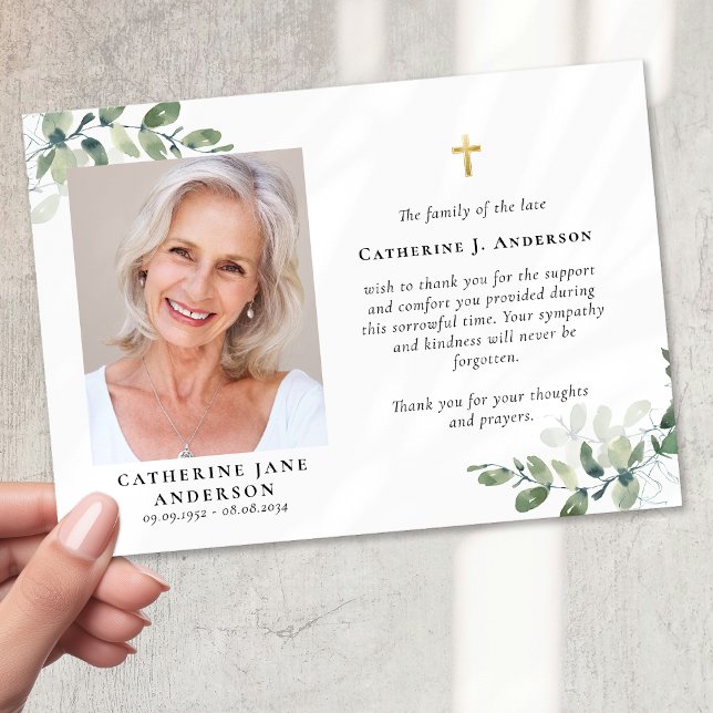 Sympathy Eucalyptus Cross Photo Funeral  Thank You Card (Creator Uploaded)