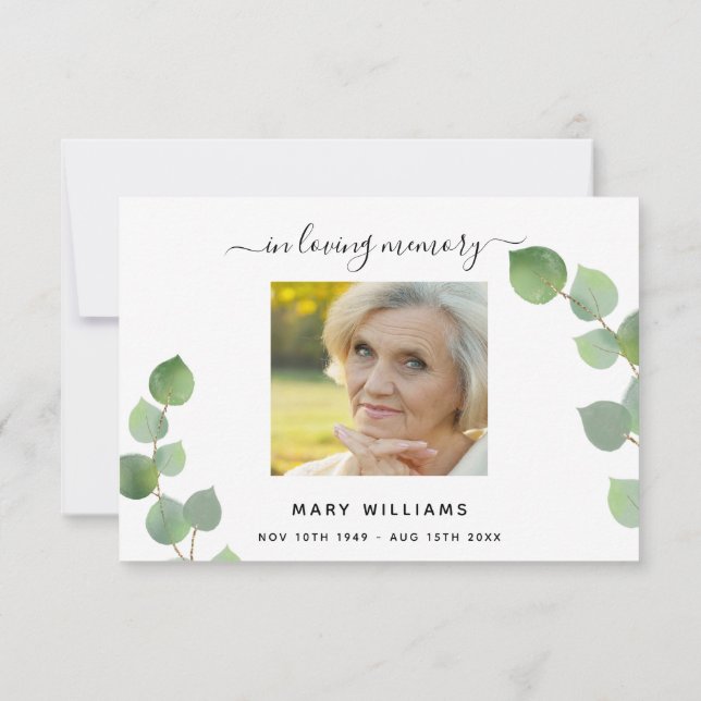 Sympathy eucalyptus greenery white photo thank you card (Back)